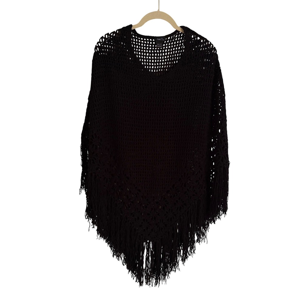 Womens Black Crochet Knit Fringe Sweater Poncho Shawl One Size Witchy Boho Goth